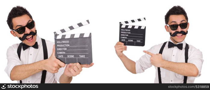 Funny with movie clapper isolated on white