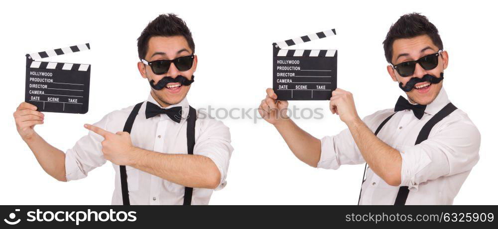 Funny with movie clapper isolated on white