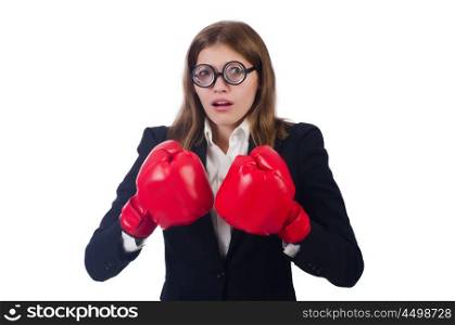 Funny woman boxer isolated on white
