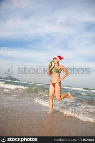 Funny Woman Dancing On The Beach. Christimas Collection