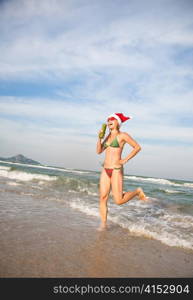 Funny Woman Dancing On The Beach. Christimas Collection