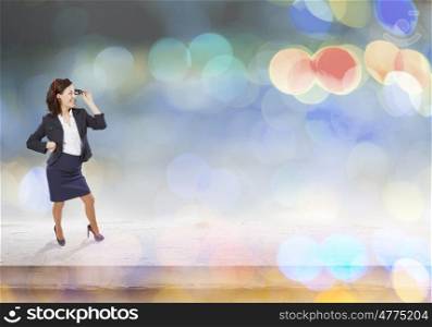 Funny woman in suit. Young funny woman in suit against bokeh background