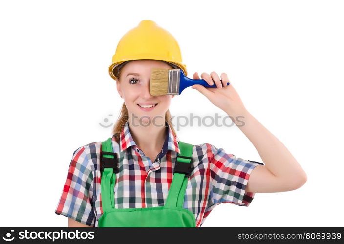 Funny woman painter in construction concept isolated on white