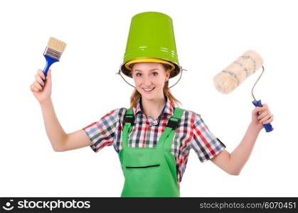 Funny woman painter in construction concept isolated on white