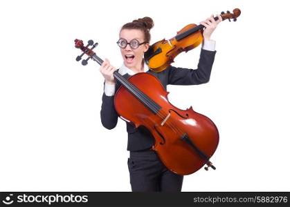 Funny woman playing violin isolated on the white