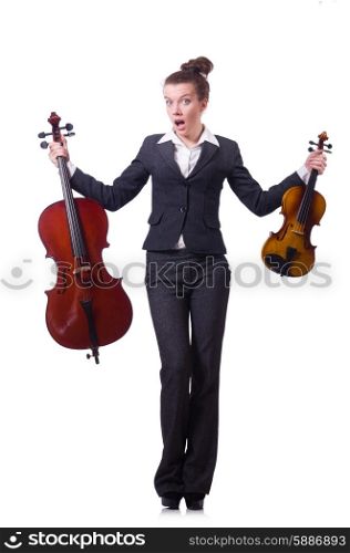 Funny woman playing violin isolated on the white