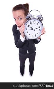 Funny woman with clock on white