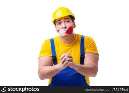 Funny worker wearing coveralls with tape