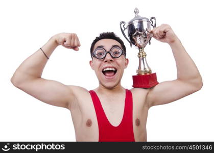 Funny wrestler with winners cup