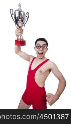 Funny wrestler with winners cup