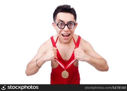 Funny wrestler with winners gold medal