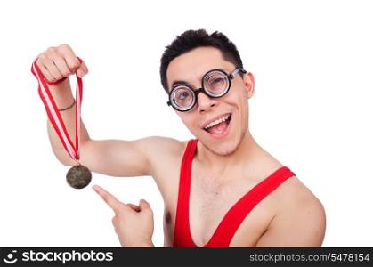 Funny wrestler with winners gold medal