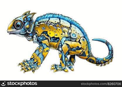 Funny yellow and blue robot chameleon. Colorful sketch on white background. Game concept of chameleon android. AI generated illustration. Funny yellow and blue chameleon robot. AI generated illustration