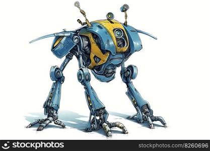Funny yellow and blue robot. Colorful sketch on white background. Game concept of android. AI generated illustration. Funny yellow and blue robot. AI generated illustration