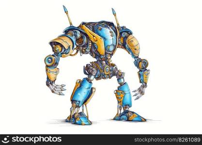 Funny yellow and blue robot. Colorful sketch on white background. Game concept of android. AI generated illustration. Funny yellow and blue robot. AI generated illustration