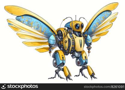 Funny yellow and blue robot with wings. Colorful sketch on white background. Game concept of flying android. AI generated illustration. Funny yellow and blue robot with wings. AI generated illustration