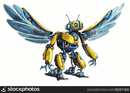 Funny yellow and blue robot with wings. Colorful sketch on white background. Game concept of flying android. AI generated illustration. Funny yellow and blue robot with wings. AI generated illustration