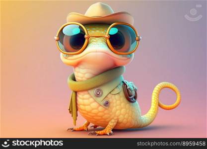 Funny yellow lizard wearing a scarf and sunglasses on a colorful background. Generative AI