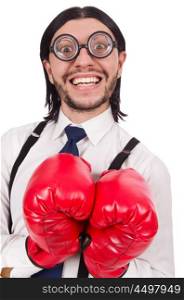 Funny young businessman with boxing gloves isolated on white