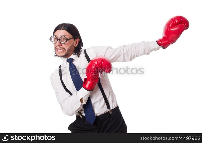 Funny young businessman with boxing gloves isolated on white
