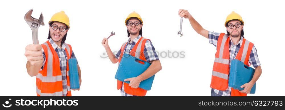 Funny young construction worker with toolbox and wrench isolated. Foreman with tool kit isolated on white
