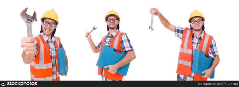 Funny young construction worker with toolbox and wrench isolated. Foreman with tool kit isolated on white