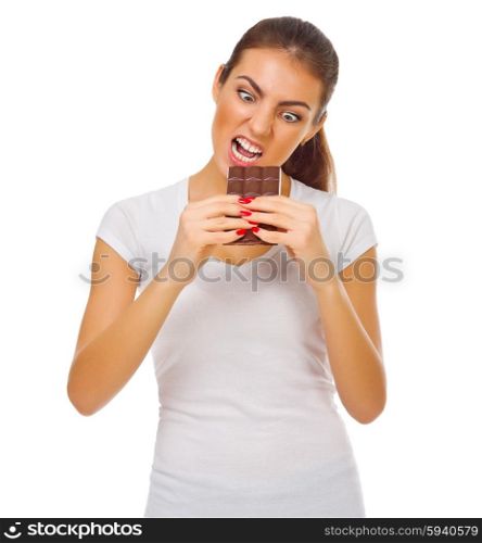 Funny young girl with chocolate isolated