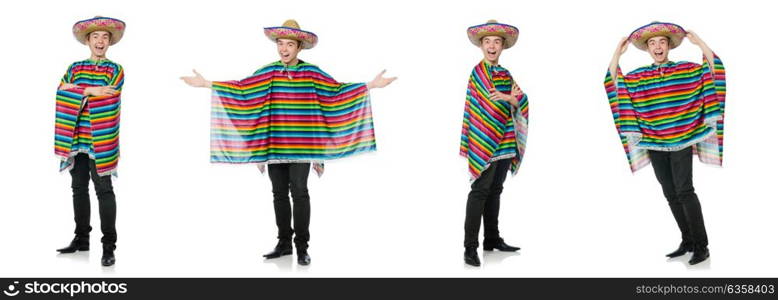 Funny young mexican with false moustache isolated on white