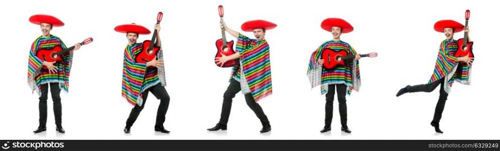 Funny young mexican with guitar isolated on white