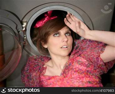 funny young woman housewife, kitchen fashion metaphor
