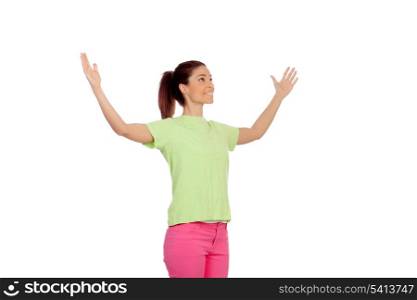 Funny young woman with raised her arms isolated on a white background