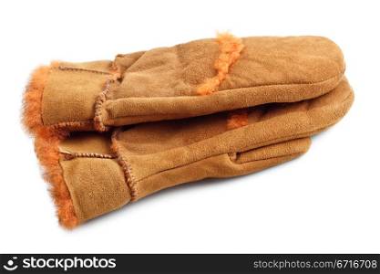 fur suede mittens isolated on white background