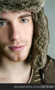 fur winter fashion hat young man brown autumn color