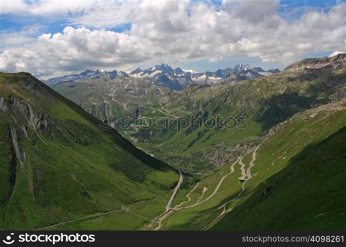 Furkapass in Switzerland with the Bernese Alps in the background.