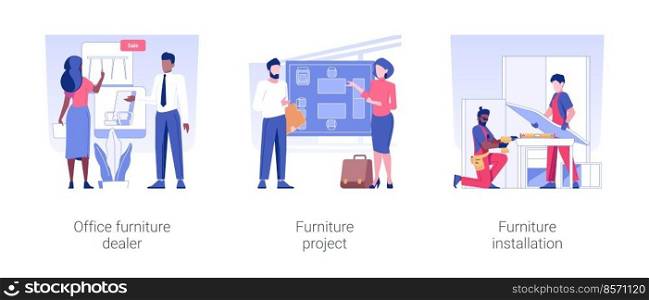 Furniture dealership business isolated concept vector illustration set. Office furniture dealer, room renovation project, table assembling and installation, distributor agreement vector cartoon.. Furniture dealership business isolated concept vector illustrations.