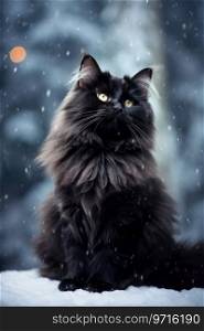Furry black cat in winter with falling snow.