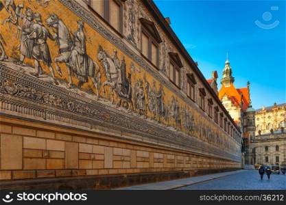 Furstenzug, Procession of Princes, Dresden, Germany. Georgentor and giant mural Furstenzug, Procession of Princes, in the city center of Old town, Dresden, Saxony, Germany