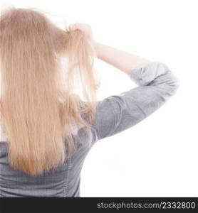 Fury and big anger inside of people. Blonde furious woman pulling blonde hair out of head. Emotional young girl showing her bad expression.. Furious woman pull hair out of head.