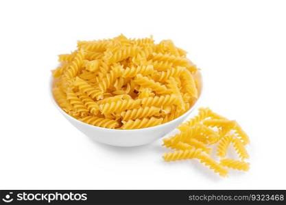 Fusilli in bowl and isolated on white background. Raw pasta spiral shape, ingredient for cook, traditonal italian cuisine.