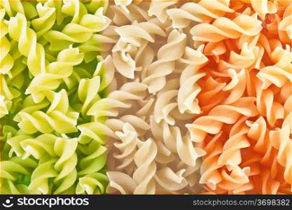 Fusilli is a long, thick, corkscrew shaped pasta. Image tinted in colors of Italian flag.