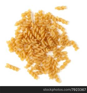 Fusilli pasta isolated against white background.
