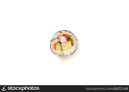Futomaki sushi , Japanese roll rice egg avocado cucumber and caviar isolated in white background