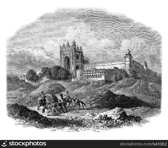 Futtehpore, in the country of Oude, on the road from Varanasi to Lucknow and Cawnpore, vintage engraved illustration. Magasin Pittoresque 1857.
