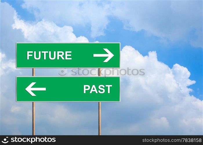 future and past on green road sign with blue sky