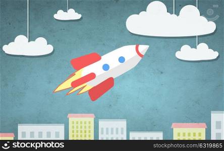 future and technology concept - cartoon illustration of rocket flying above city. cartoon illustration of rocket flying above city