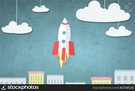 future and technology concept - cartoon illustration of rocket flying up above city. cartoon illustration of rocket flying above city