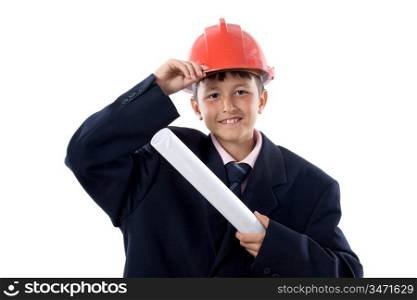 Future architect with big black suit surprised for anything isolated over white