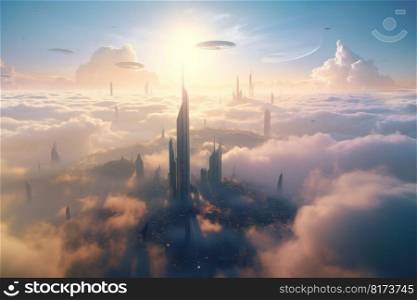 Future city clouds. Fog sky tower. Generate Ai. Future city clouds. Fog sky tower