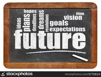 future, dreams, goals, and hopes word cloud on a vintage blackboard, isolated on white