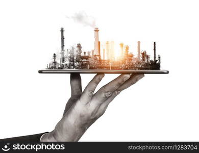 Future factory plant and energy industry concept in creative graphic design. Oil, gas and petrochemical refinery factory with double exposure arts showing next generation of power and energy business.